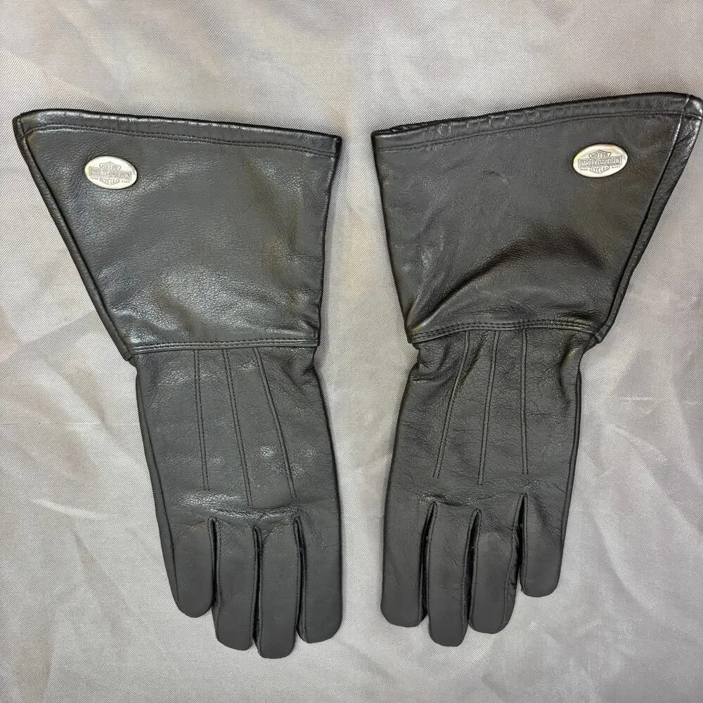 Harley Davidson Gauntlet Motorcycle Riding Gloves Black Leather Women's Medium